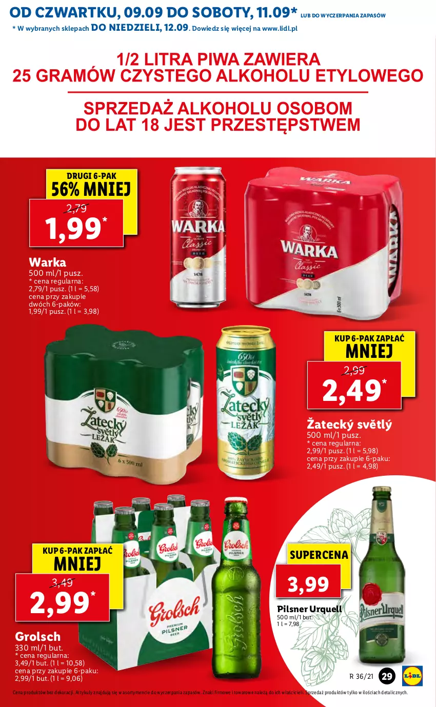 Gazetka promocyjna Lidl - GAZETKA - ważna 09.09 do 12.09.2021 - strona 29 - produkty: Pilsner Urquell, Warka