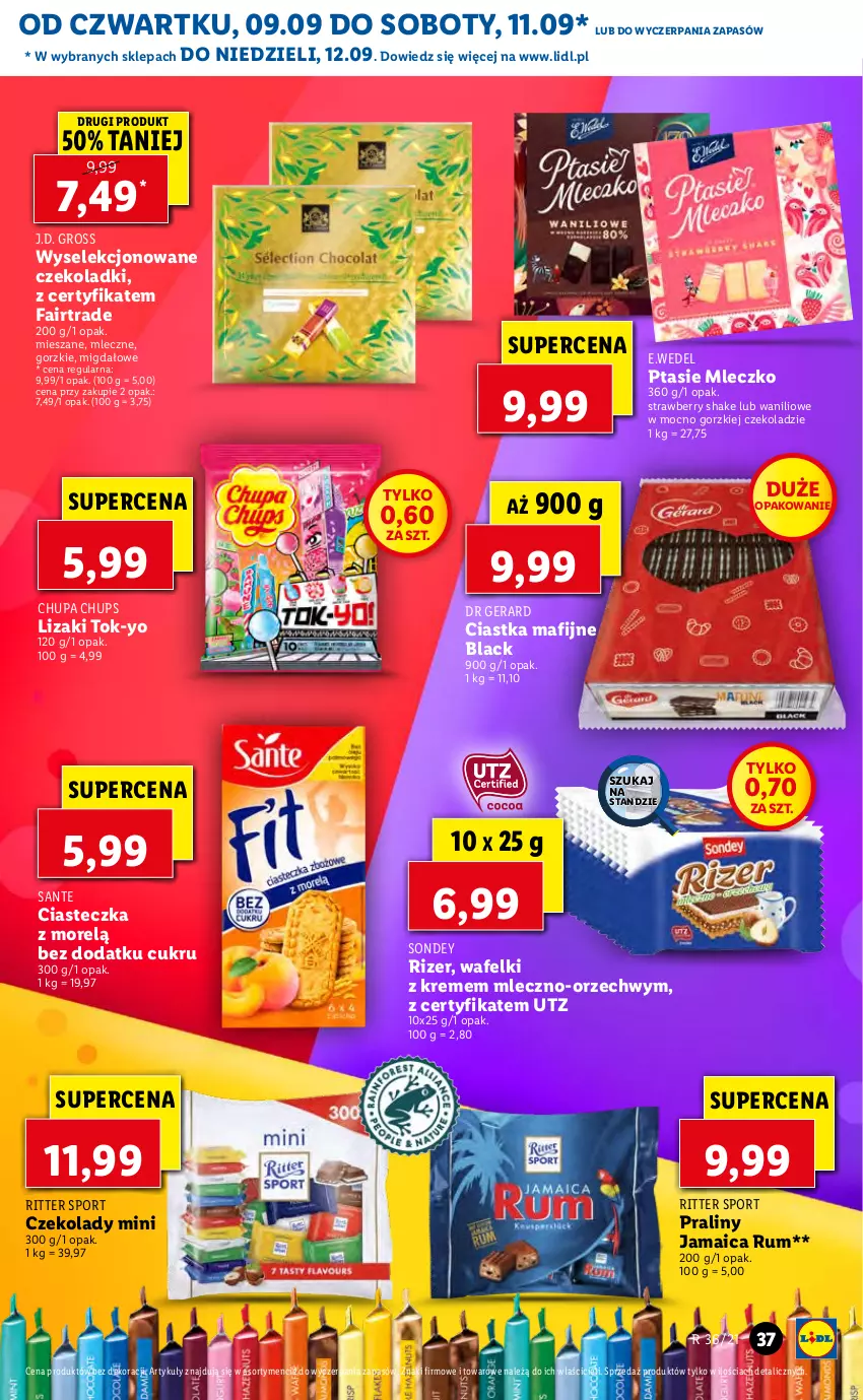 Gazetka promocyjna Lidl - GAZETKA - ważna 09.09 do 12.09.2021 - strona 37 - produkty: Chupa Chups, Ciastka, Dr Gerard, Fa, Lack, Lizaki, Mleczko, Por, Praliny, Ptasie mleczko, Ritter Sport, Rum, Sante, Sport