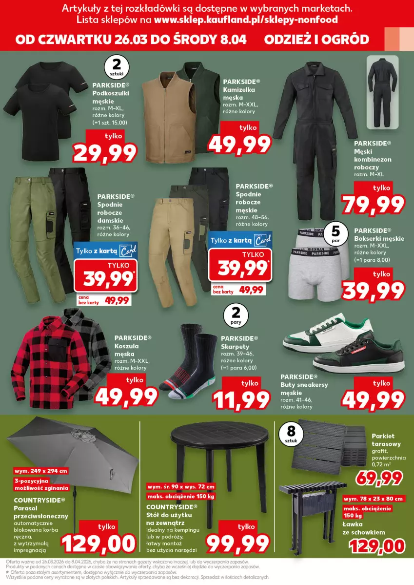 Gazetka promocyjna Kaufland - Kaufland - ważna 26.03 do 08.04.2026 - strona 7 - produkty: Bokserki, Buty, Gin, Kamizelka, Karp, Korba, Kosz, Koszula, Ogród, Parasol, Parkside, Ser, Sneakersy, Spodnie, Stół