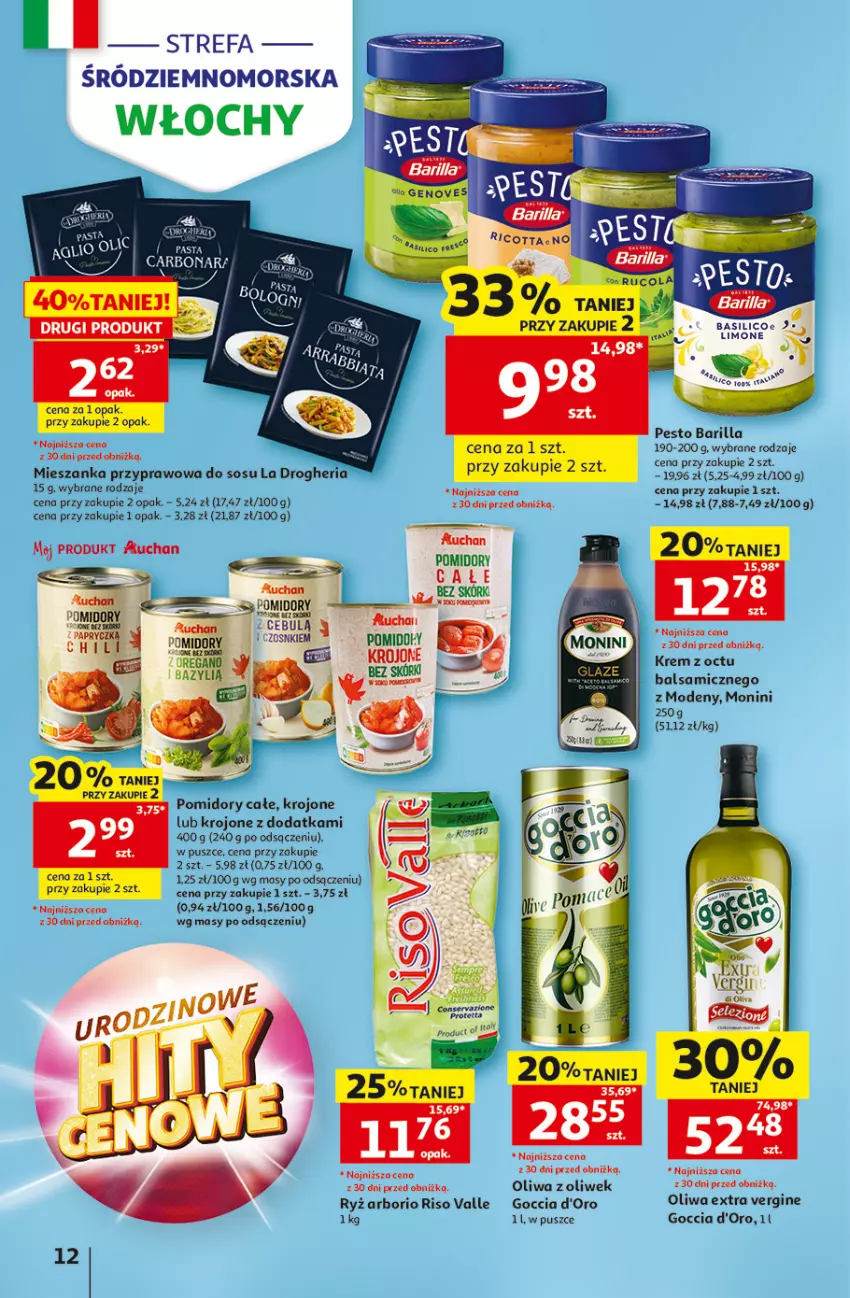 Gazetka promocyjna Auchan - 30 Lat Hipermarket - ważna 07.05 do 13.05.2026 - strona 12 - produkty: Barilla, Fa, Gin, Monini, Oliwa, Oliwa z oliwek, Pesto, Pomidory, Por, Ricotta, Ryż, Ser, Sos
