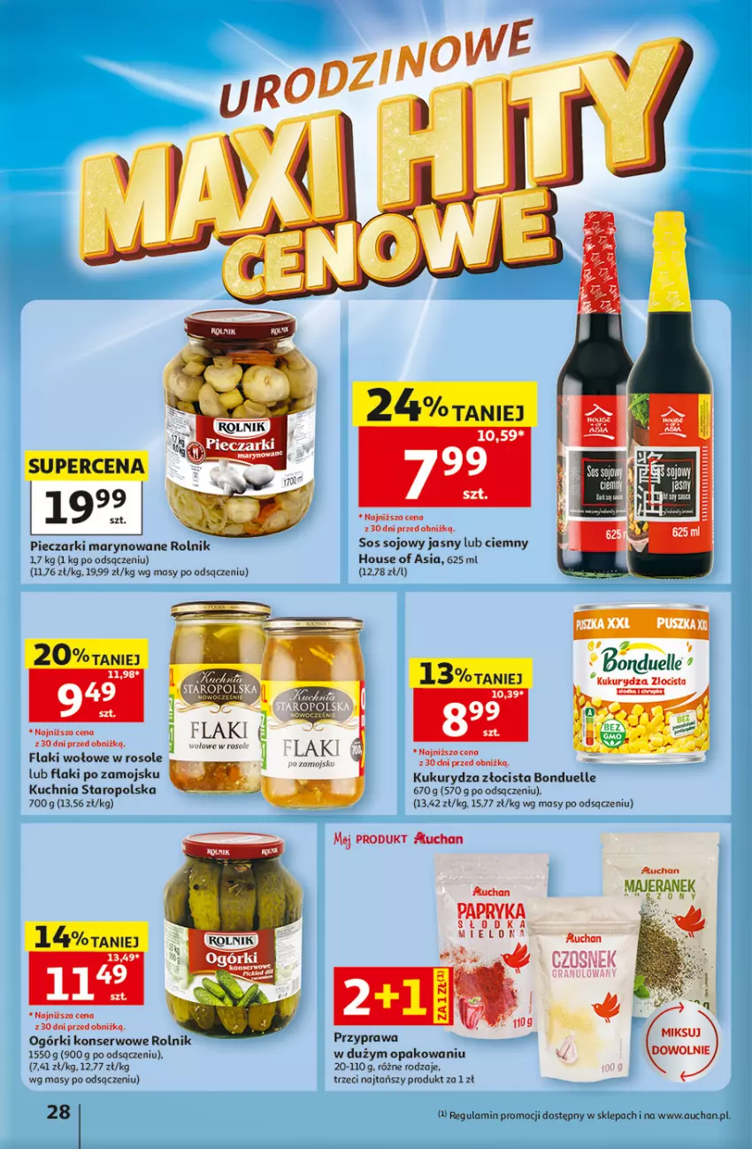Gazetka promocyjna Auchan - 30 Lat Hipermarket - ważna 07.05 do 13.05.2026 - strona 28 - produkty: Bonduelle, Czosnek, Flaki, Flaki po zamojsku, Flaki wołowe, House of Asia, Kuchnia, Kuchnia Staropolska, Kukurydza, Ogórki konserwowe, Piec, Rolnik, Ser, Sos, Sos sojowy
