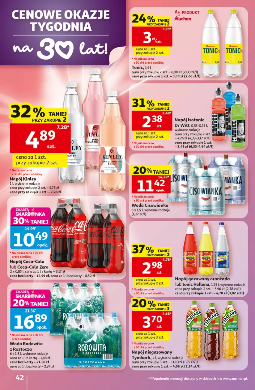 Gazetka promocyjna Auchan - 30 Lat Hipermarket - ważna 07.05 do 13.05.2026 - strona 42 - produkty: Cisowianka, Coca-Cola, Hellena, Napój, Napój gazowany, Napój niegazowany, Tymbark, Woda