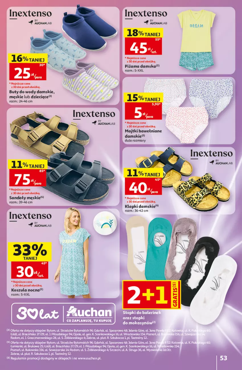 Gazetka promocyjna Auchan - 30 Lat Hipermarket - ważna 07.05 do 13.05.2026 - strona 53 - produkty: Buty, Buty do wody, Dzieci, Klapki, Kosz, Koszula, Koszula nocna, Majtki, Piżama, Sandał