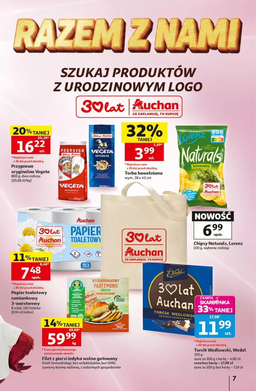 Gazetka promocyjna Auchan - 30 Lat Hipermarket - ważna 07.05 do 13.05.2026 - strona 7 - produkty: Chipsy, Filet z piersi indyka, Gin, Lorenz, Papier, Papier toaletowy, Podravka, Rum, Sok, Torba, Vegeta