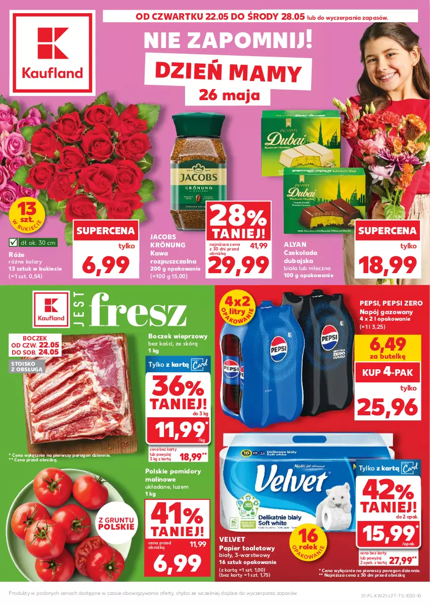 Gazetka promocyjna Kaufland - Gazetka tygodnia - ważna 22.05 do 28.05.2025 - strona 1 - produkty: Boczek, Boczek wieprzowy, Czekolada, Grunt, Jacobs, Jacobs Krönung, Kawa, Kawa rozpuszczalna, Napój, Napój gazowany, Papier, Papier toaletowy, Pepsi, Pomidory, Velvet