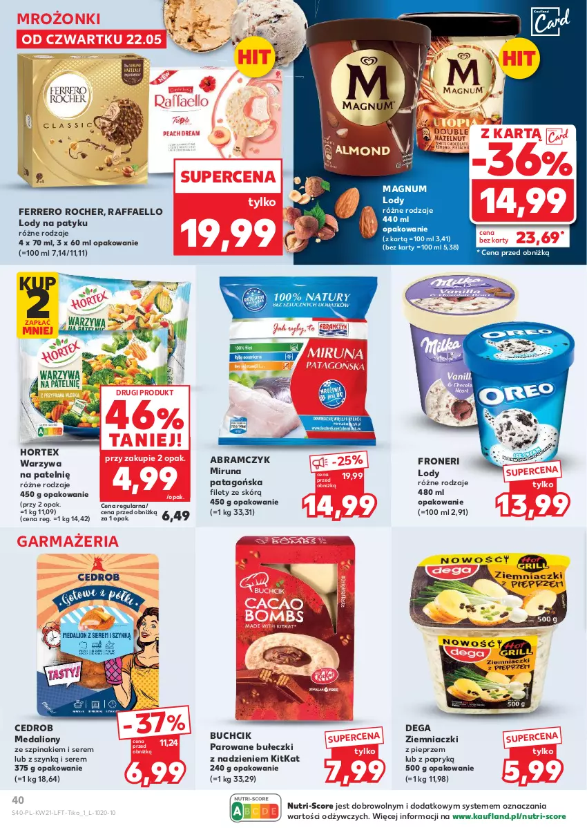 Gazetka promocyjna Kaufland - Gazetka tygodnia - ważna 22.05 do 28.05.2025 - strona 40 - produkty: Bułeczki, Dega, Fa, Ferrero, Ferrero Rocher, Hortex, Lion, Lody, Miruna, Pieprz, Raffaello, Ser, Szpinak, Tago, Warzywa