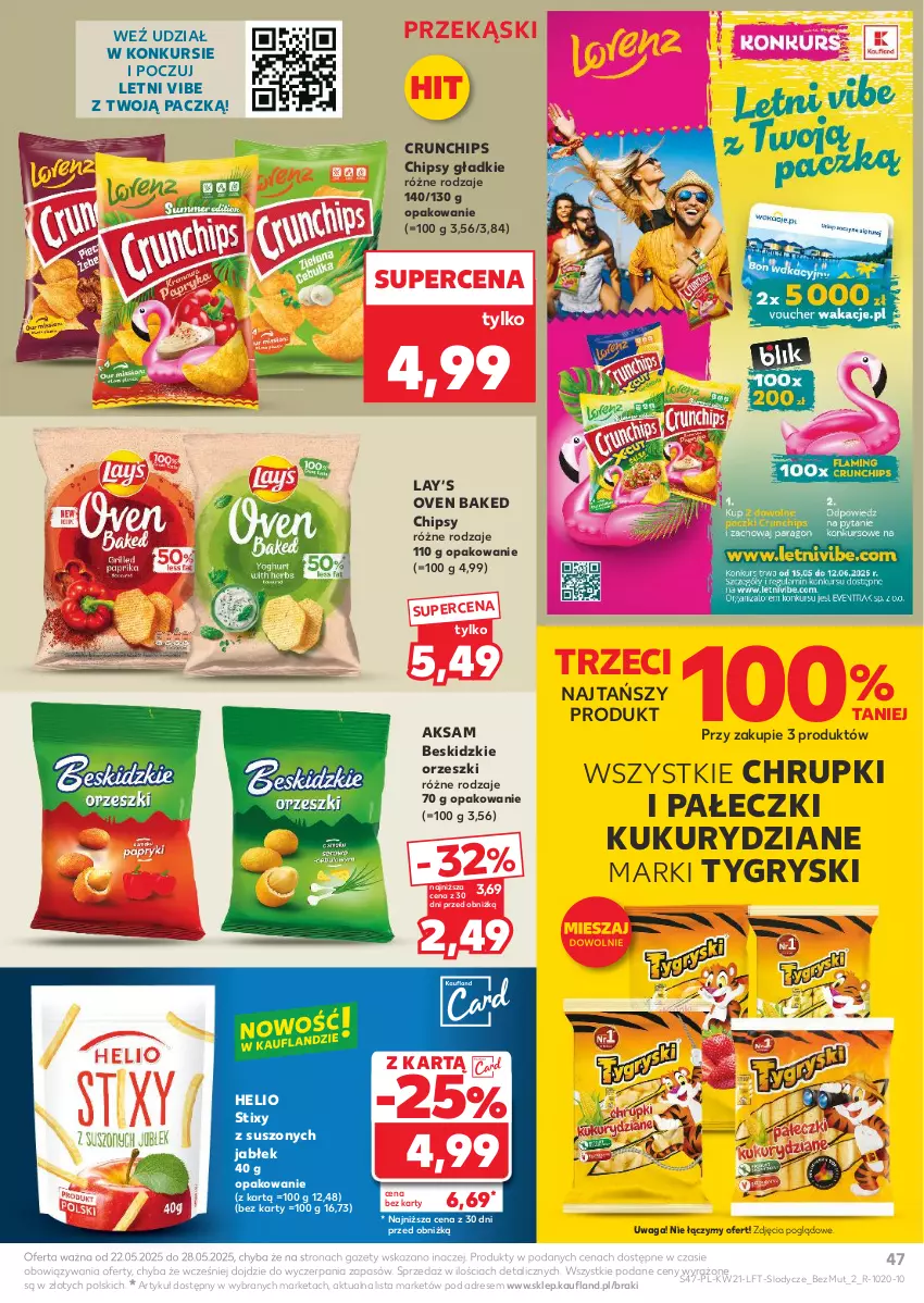 Gazetka promocyjna Kaufland - Gazetka tygodnia - ważna 22.05 do 28.05.2025 - strona 47 - produkty: Aksam, Beskidzki, Chipsy, Chrupki, Crunchips, Dres, Gry, Helio, Lay’s, Lody, Orzeszki, Waga