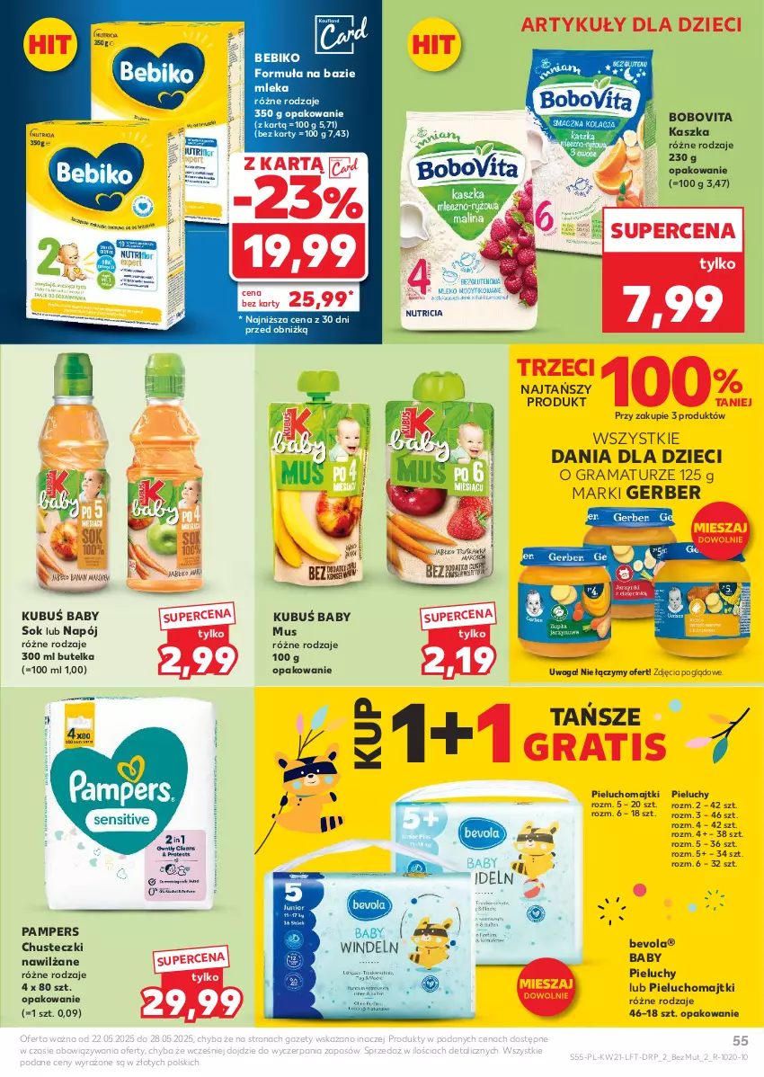 Gazetka promocyjna Kaufland - Gazetka tygodnia - ważna 22.05 do 28.05.2025 - strona 55 - produkty: Bebiko, BoboVita, Chusteczki, Dzieci, Gerber, Gra, Kubuś, Majtki, Mus, Napój, Pampers, Pieluchomajtki, Pieluchy, Rama, Sok, Waga
