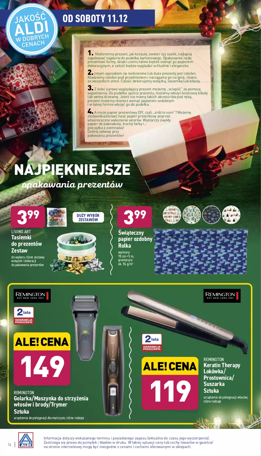 Gazetka promocyjna Aldi - Katalog Moda i Dom - ważna 08.12 do 12.12.2021 - strona 14 - produkty: Fa, Golarka, Gra, Kosz, Koszula, Lokówka, Maszynka, Papier, Papier do pakowania, Papier ozdobny, Piec, Pieczątka, Rama, Remington, Suszarka, Sweter, Szal, Szynka