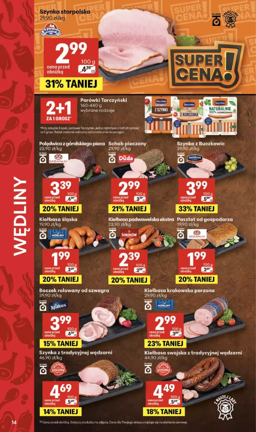 Gazetka promocyjna Delikatesy Centrum - Franczyza DC07 Czwartek - ważna 12.02 do 18.02.2026 - strona 14 - produkty: Boczek, Gra, Kiełbasa, Kiełbasa krakowska, Kiełbasa śląska, Parówki, Pasztet, Piec, Polędwica, Schab pieczony, Szynka, Tarczyński