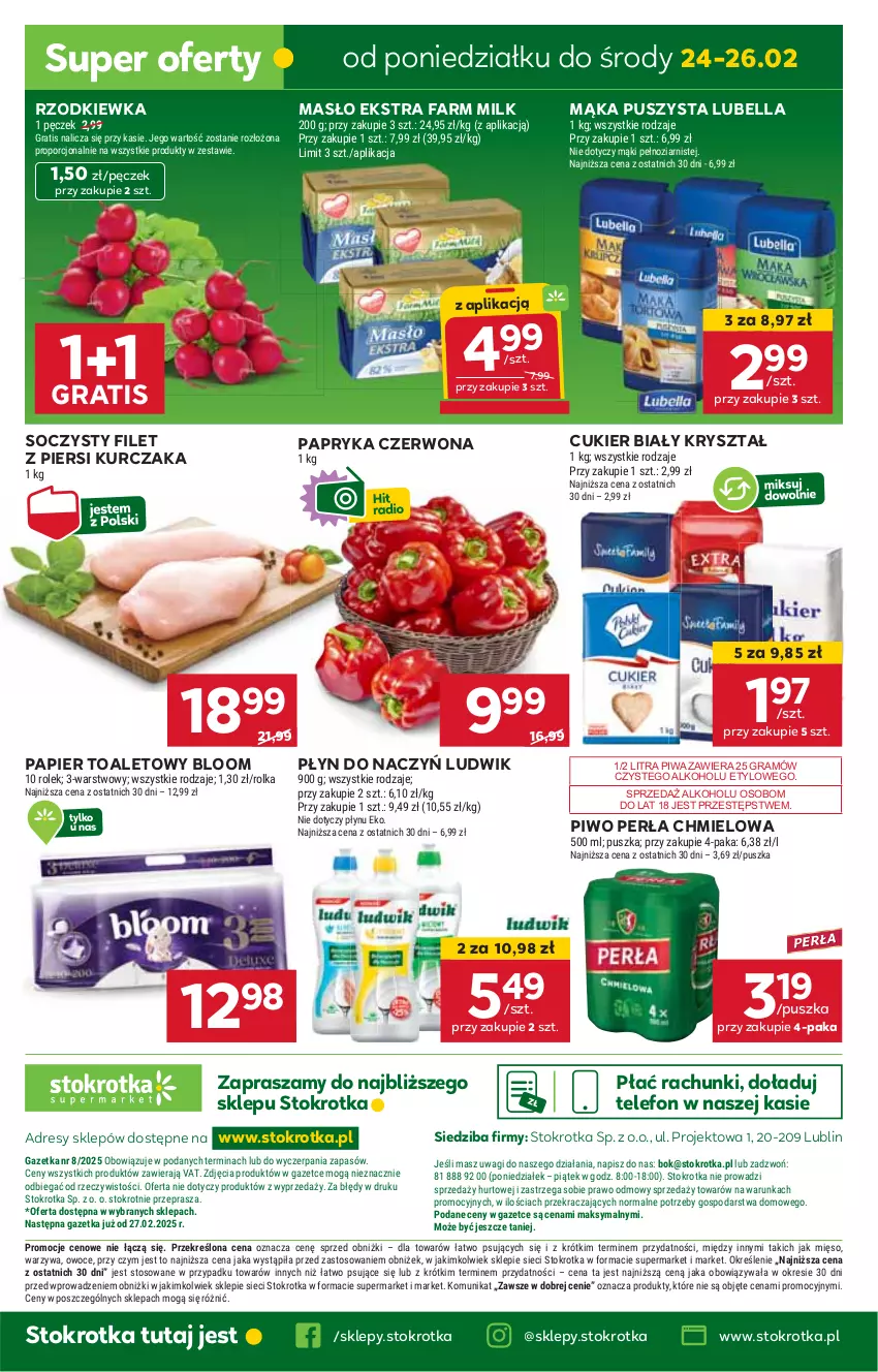 Gazetka promocyjna Stokrotka - Supermarket - ważna 20.02 do 26.02.2025 - strona 39 - produkty: Bell, Bella, Cukier, Dres, Fa, Farm Milk, Filet z piersi kurczaka, Gra, HP, JBL, Kurczak, Lubella, Ludwik, Mąka, Masło, Papier, Papier toaletowy, Papryka, Papryka czerwona, Perła, Piwa, Piwo, Rzodkiewka, Telefon