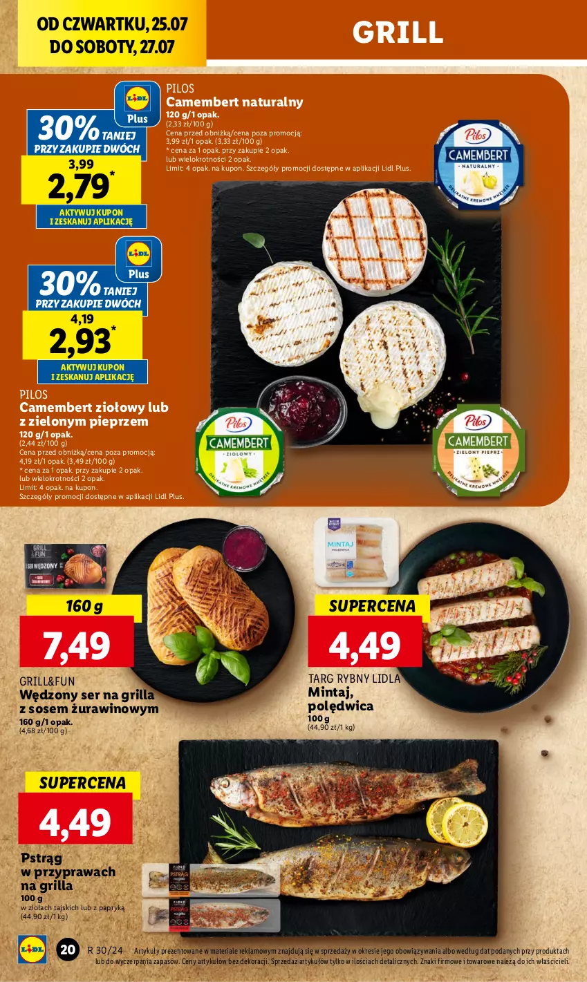 Gazetka promocyjna Lidl - GAZETKA - ważna 25.07 do 27.07.2024 - strona 22 - produkty: Camembert, Grill, Mintaj, Pieprz, Pilos, Polędwica, Pstrąg, Ser, Sos, Wino