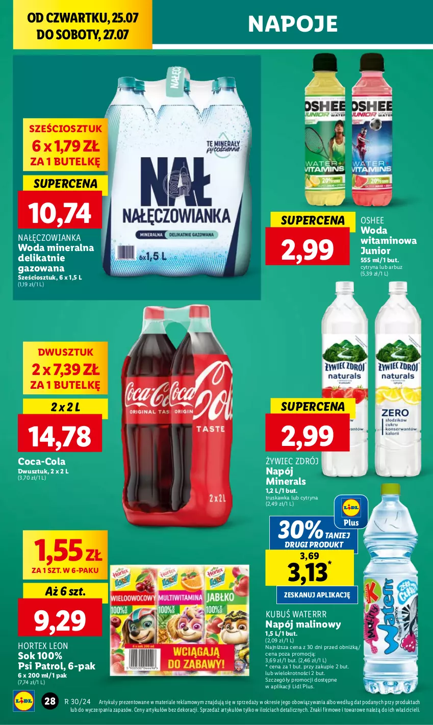 Gazetka promocyjna Lidl - GAZETKA - ważna 25.07 do 27.07.2024 - strona 34 - produkty: Arbuz, Coca-Cola, Hortex, Kubuś, Kubuś Waterrr, Leon, Nałęczowianka, Napój, Napoje, Oshee, Psi Patrol, Sok, Woda, Woda mineralna