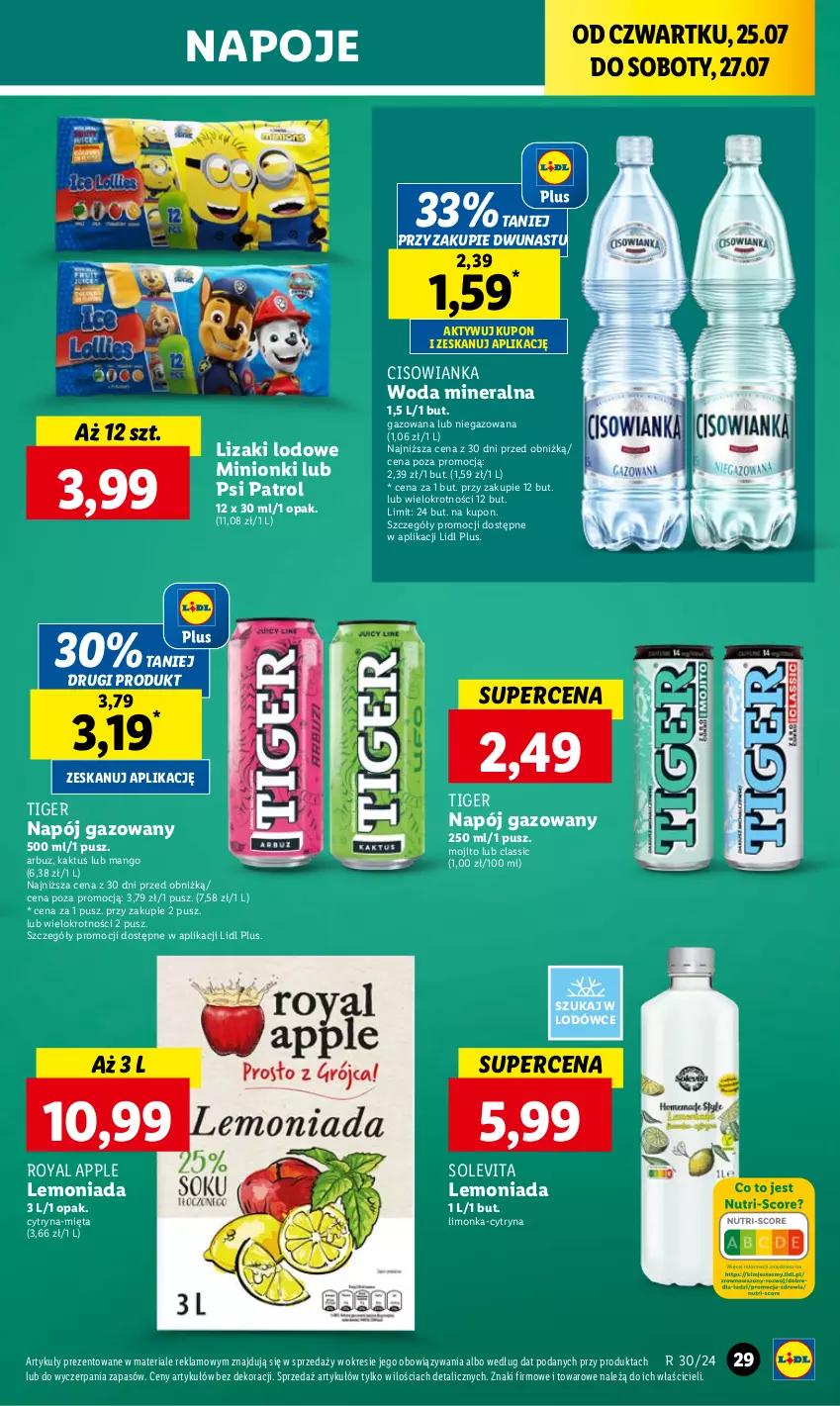 Gazetka promocyjna Lidl - GAZETKA - ważna 25.07 do 27.07.2024 - strona 35 - produkty: Arbuz, Cisowianka, Kaktus, Lemoniada, Limonka, Lizaki, Mango, Mięta, Napój, Napój gazowany, Napoje, Psi Patrol, Tiger, Woda, Woda mineralna