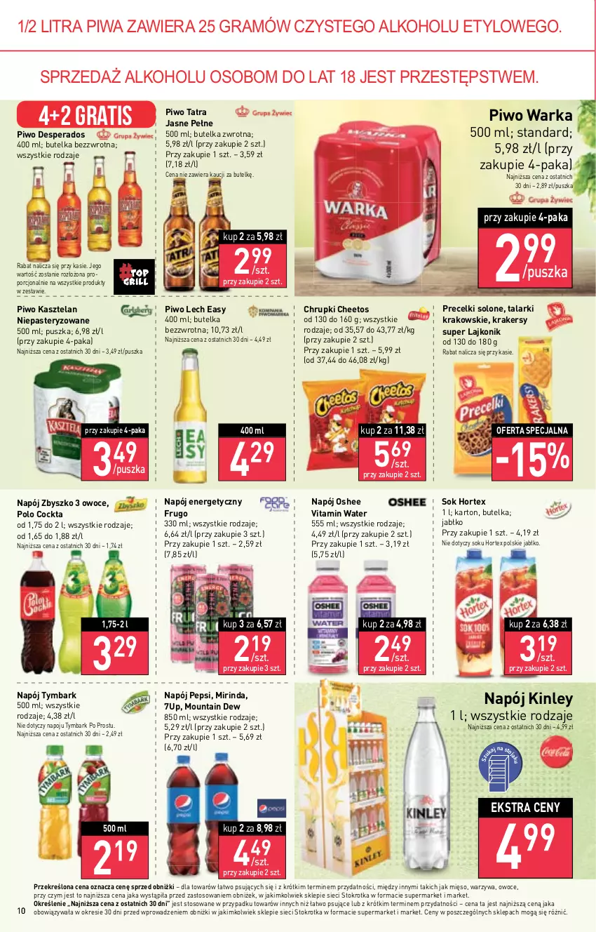 Gazetka promocyjna Stokrotka - Market - ważna 11.05 do 17.05.2023 - strona 10 - produkty: 7up, Cheetos, Chrupki, Desperados, Gra, Hortex, Kasztelan, Krakersy, Lajkonik, Mięso, Mirinda, Napój, Napój energetyczny, Oshee, Owoce, Pepsi, Piwa, Piwo, Por, Precelki, Sok, Tatra, Tymbark, Warka, Warzywa