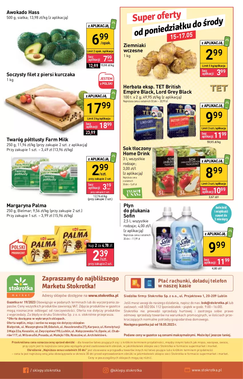 Gazetka promocyjna Stokrotka - Market - ważna 11.05 do 17.05.2023 - strona 13 - produkty: Brit, Dres, Fa, Farm Milk, Filet z piersi kurczaka, Herbata, JBL, Karp, Kosz, Kurczak, Lack, Margaryna, Mięso, O nas, Owoce, Palma, Płyn do płukania, Ser, Siatka, Sok, Szal, Telefon, Twaróg, Twaróg półtłusty, Wagi, Warzywa, Wilson, Ziemniaki