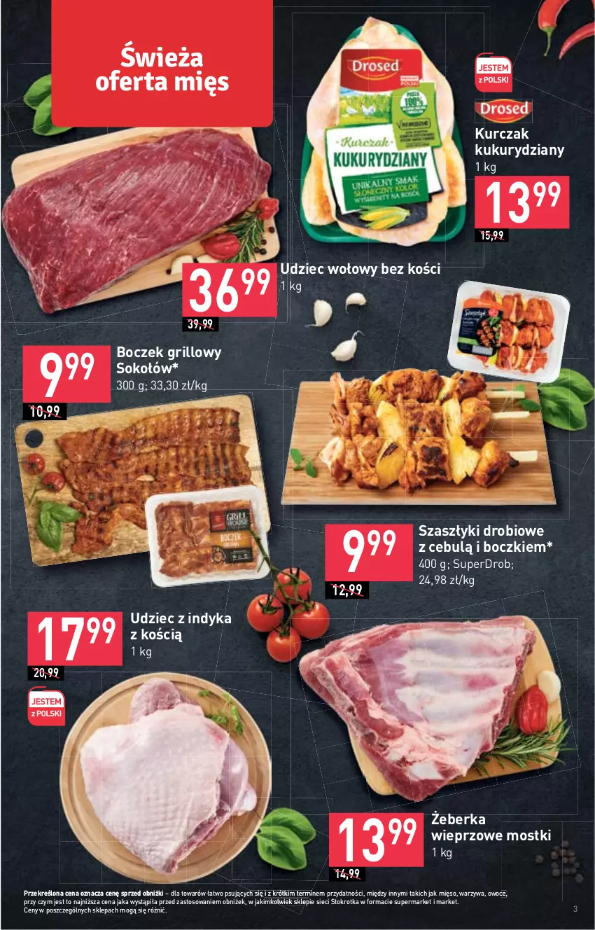 Gazetka promocyjna Stokrotka - Market - ważna 11.05 do 17.05.2023 - strona 3 - produkty: Boczek, Grill, Kurczak, Mięso, Owoce, Sok, Sokołów, Udziec wołowy, Udziec z indyka, Warzywa