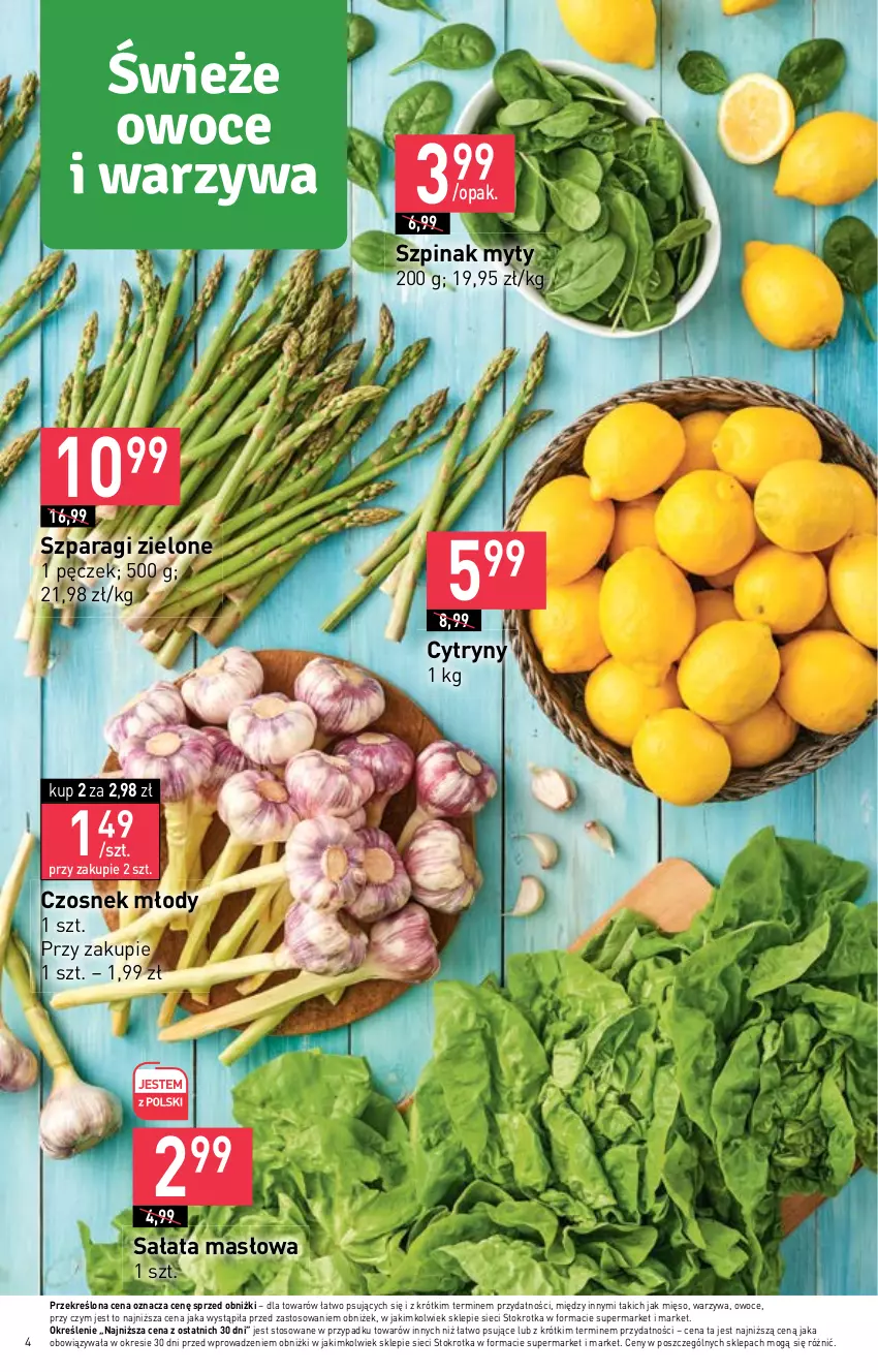 Gazetka promocyjna Stokrotka - Market - ważna 11.05 do 17.05.2023 - strona 4 - produkty: Cytryny, Czosnek, Masło, Mięso, Owoce, Sałat, Sałata masłowa, Szpinak, Warzywa