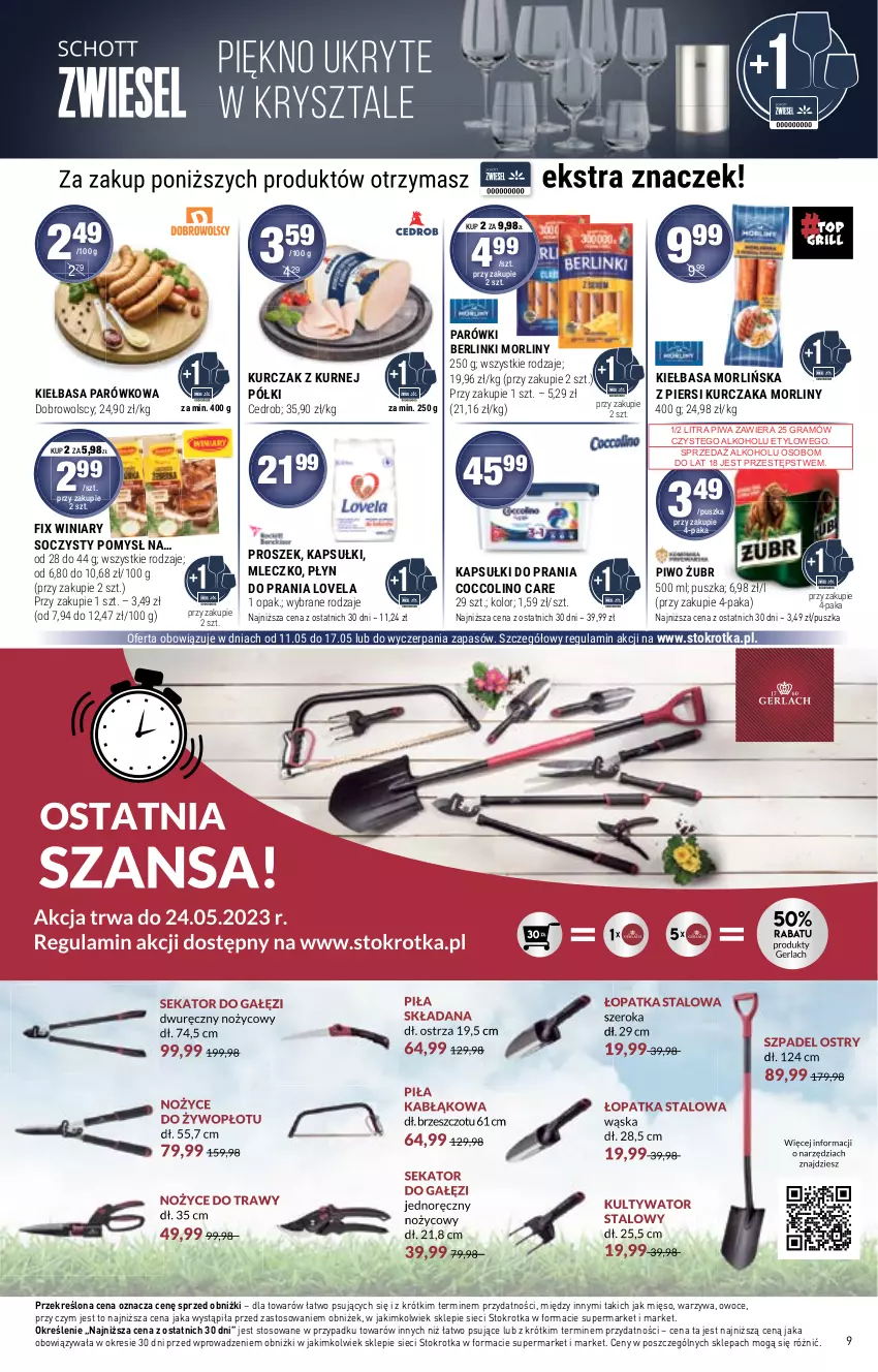 Gazetka promocyjna Stokrotka - Market - ważna 11.05 do 17.05.2023 - strona 9 - produkty: Berlinki, Coccolino, Gra, Kapsułki do prania, Kiełbasa, Kurczak, Lovela, Mięso, Mleczko, Morliny, Owoce, Parówki, Piwa, Piwo, Płyn do prania, Warzywa, Winiary