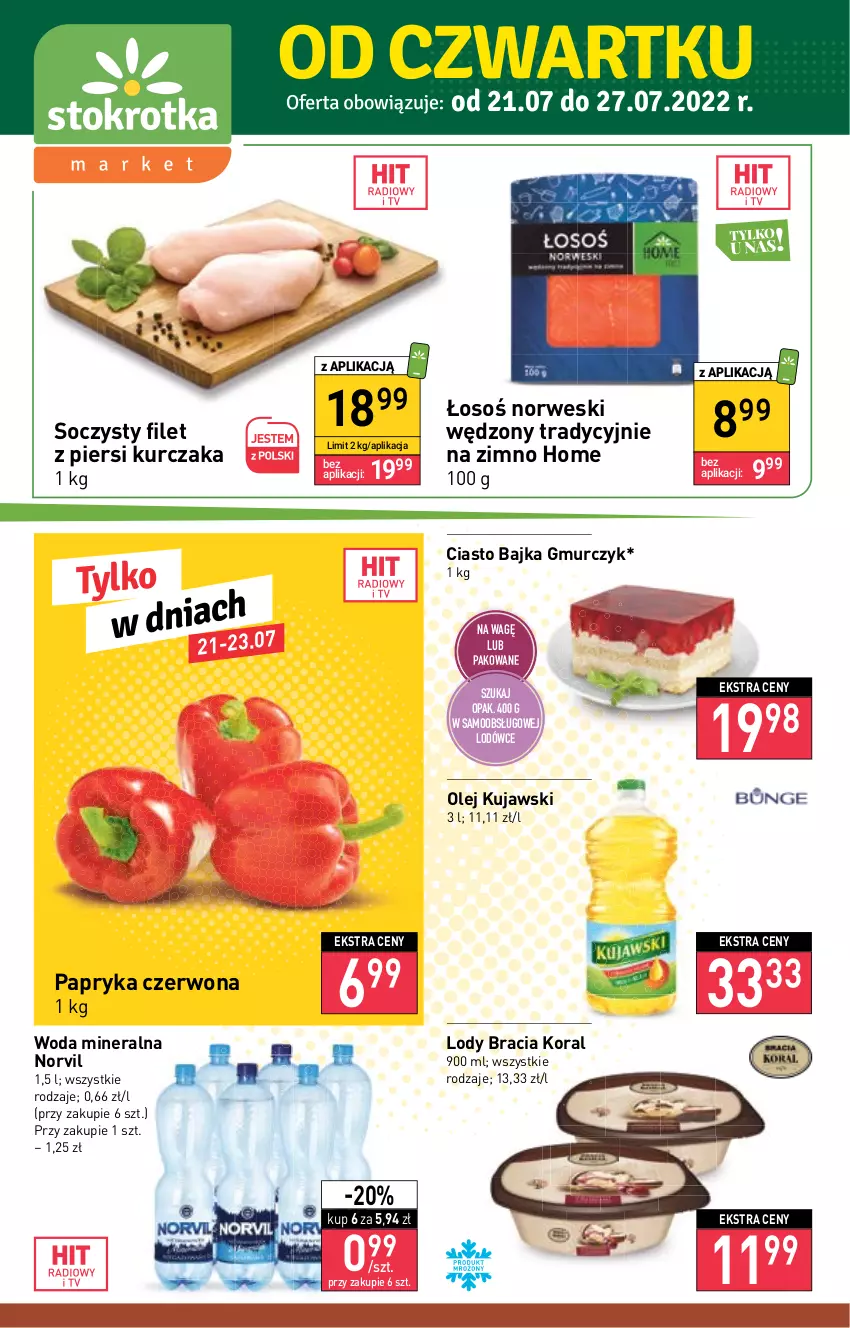 Gazetka promocyjna Stokrotka - Market - ważna 21.07 do 27.07.2022 - strona 1 - produkty: Filet z piersi kurczaka, Kujawski, Kurczak, Lody, Olej, Papryka, Papryka czerwona, Woda, Woda mineralna