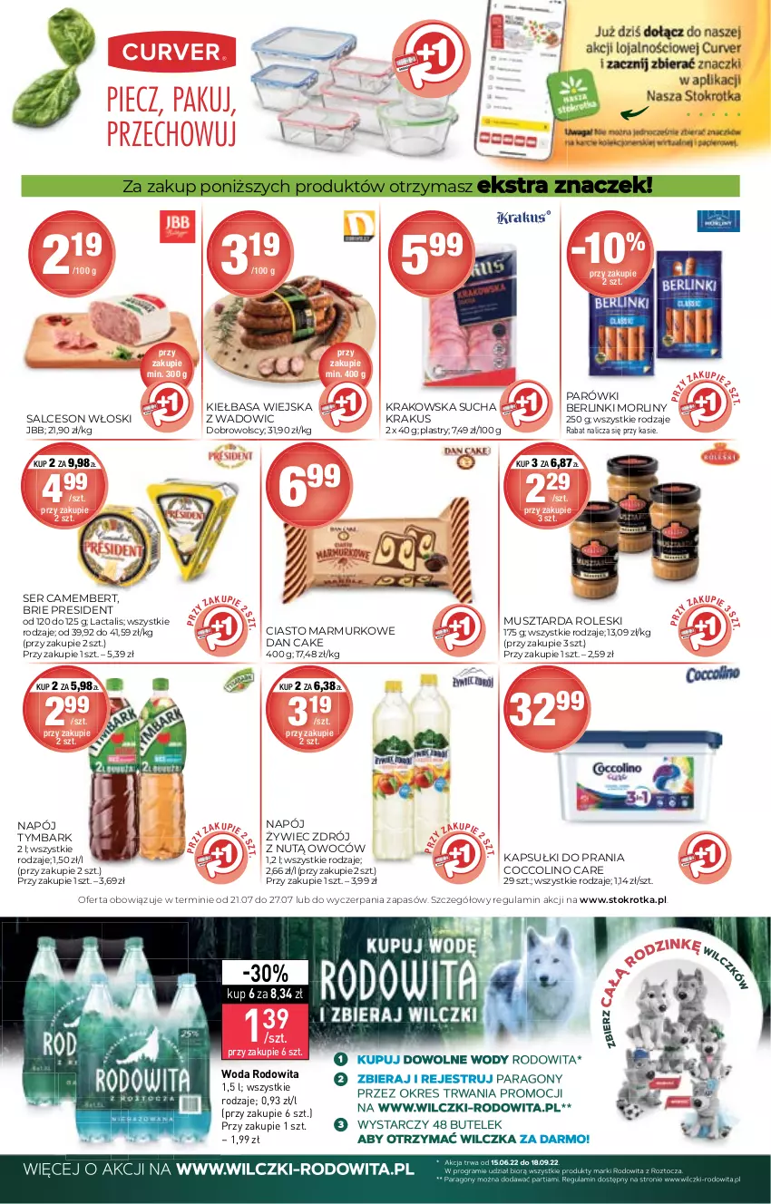 Gazetka promocyjna Stokrotka - Market - ważna 21.07 do 27.07.2022 - strona 10 - produkty: Berlinki, Brie, Camembert, Coccolino, Dan Cake, Kapsułki do prania, Kiełbasa, Kiełbasa wiejska, Krakus, Morliny, Mus, Musztarda, Napój, Parówki, Salceson, Ser, Tymbark, Woda