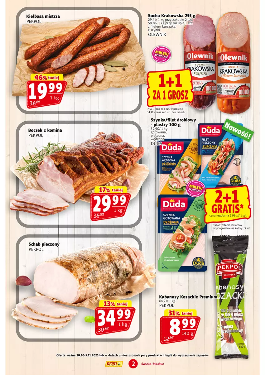 Gazetka promocyjna Prim Market - ważna 30.10 do 05.11.2025 - strona 2 - produkty: Boczek, Kabanos, Kiełbasa, Kurczak, Olewnik, Pekpol, Piec, Por, Schab pieczony, Szynka
