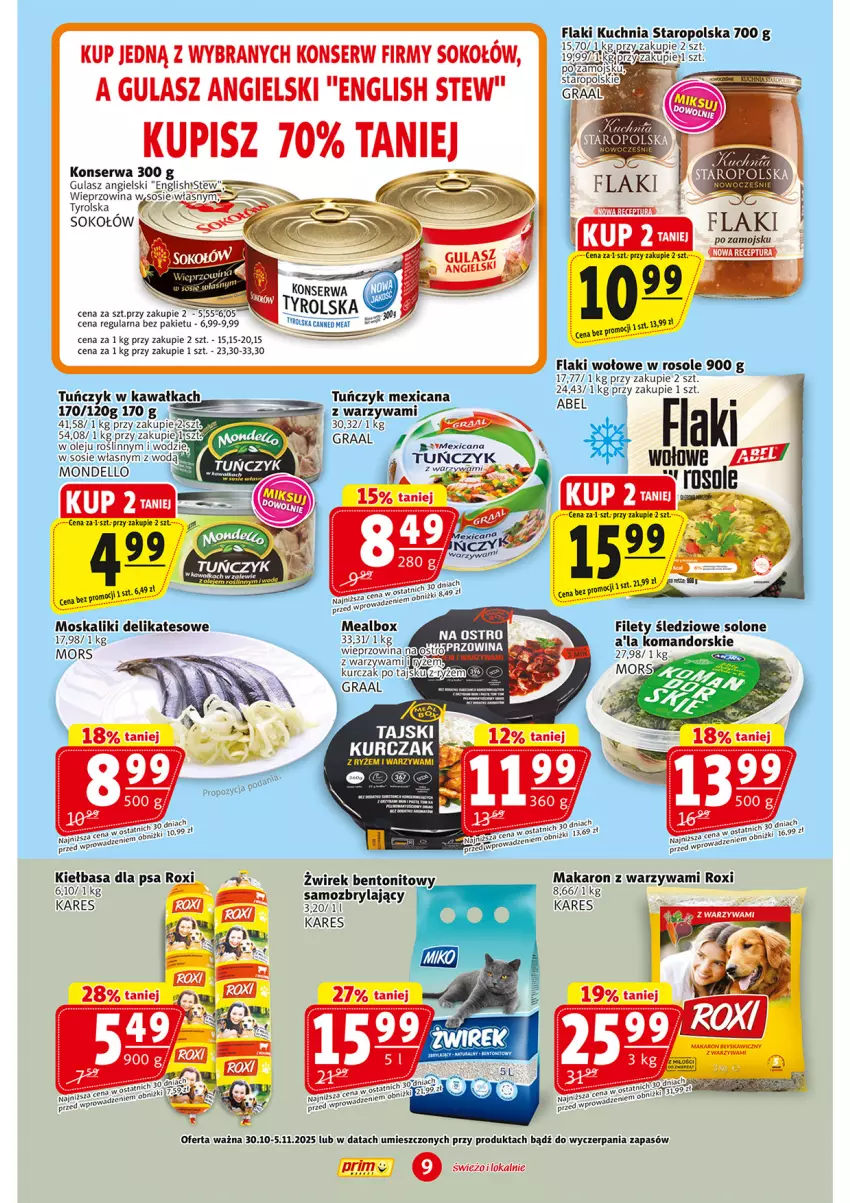 Gazetka promocyjna Prim Market - ważna 30.10 do 05.11.2025 - strona 9 - produkty: Dell, Flaki, Flaki po zamojsku, Flaki wołowe, Gra, Graal, Kawa, Kiełbasa, Kuchnia, Kuchnia Staropolska, Kurczak, Makaron, Olej, Ser, Sok, Sokołów, Sos, Tuńczyk, Warzywa, Wieprzowina