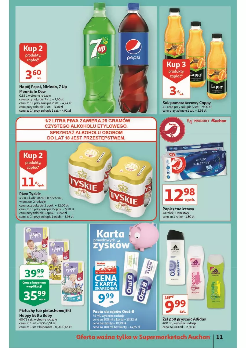 Gazetka promocyjna Auchan - przeNISKIE CENY prze porządki supermarkety - ważna 17.02 do 23.02.2022 - strona 11 - produkty: Adidas, Bell, Bella, Cappy, Gra, Majtki, Mirinda, Napój, Papier, Papier toaletowy, Pepsi, Pieluchomajtki, Pieluchy, Piwa, Piwo, Sok, Sok pomarańczowy, Tyskie