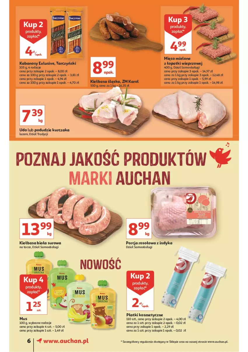 Gazetka promocyjna Auchan - przeNISKIE CENY prze porządki supermarkety - ważna 17.02 do 23.02.2022 - strona 6 - produkty: Kabanos, Kiełbasa, Kiełbasa biała, Kiełbasa śląska, Kurczak, Mięso, Mięso mielone, Mus, Płatki kosmetyczne, Por, Tarczyński