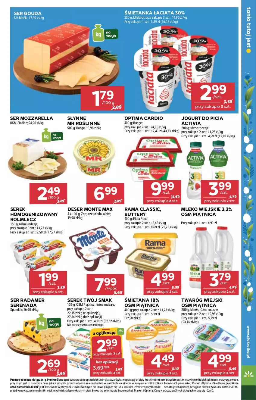 Gazetka promocyjna Stokrotka - Market - ważna 26.03 do 01.04.2026 - strona 10 - produkty: Activia, Aksam, Czekolada, Deser, Flora, Gouda, Jogurt, Mięso, Mleko, Monte, Mozzarella, Optima, Optima Cardio, Owoce, Piątnica, Radamer, Rama, Rolmlecz, Ser, Serek, Serek homogenizowany, Słynne, Słynne MR Roślinne, Twaróg, Twój Smak, Warzywa, Zott