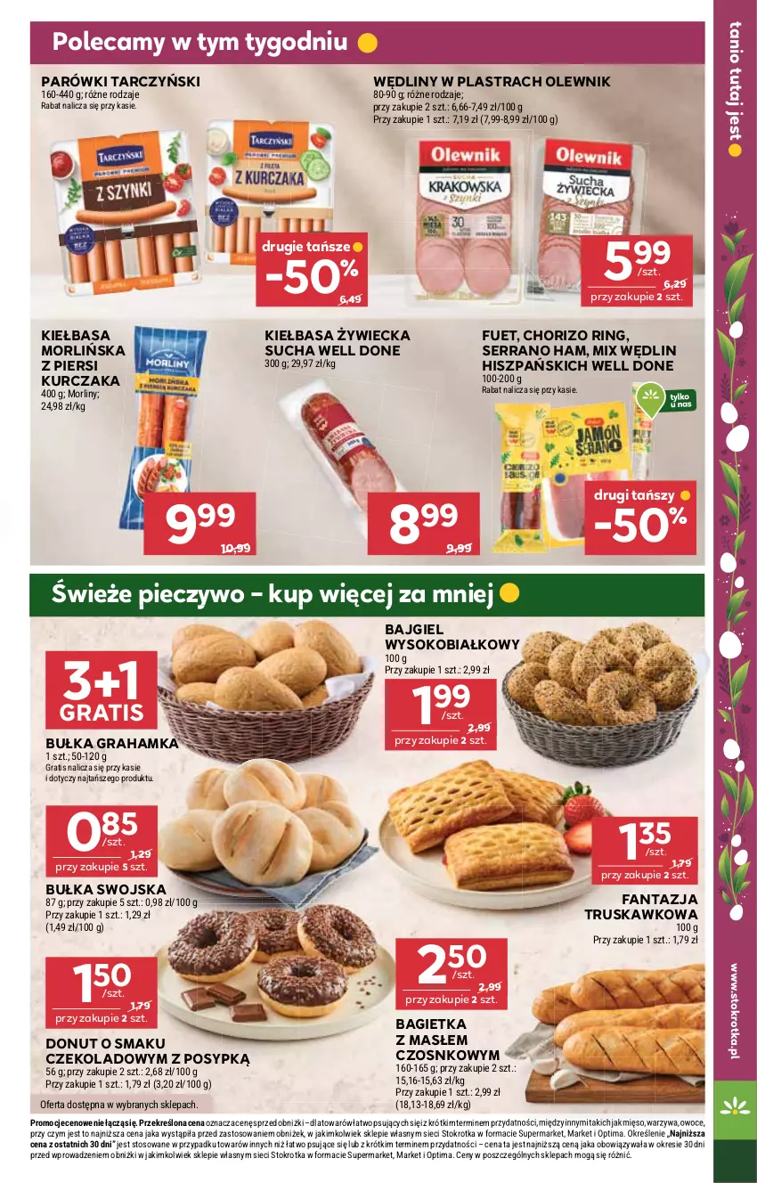 Gazetka promocyjna Stokrotka - Market - ważna 26.03 do 01.04.2026 - strona 15 - produkty: Bagietka, Bułka, Bułka grahamka, Donut, Fa, Fanta, Gra, Kiełbasa, Kurczak, Mięso, Morliny, Olewnik, Optima, Owoce, Parówki, Piec, Pieczywo, Ser, Sok, Tarczyński, Warzywa