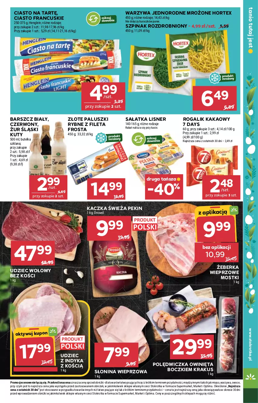 Gazetka promocyjna Stokrotka - Market - ważna 26.03 do 01.04.2026 - strona 17 - produkty: 7 Days, Ciasto francuskie, Frosta, Hortex, Kaczka, Kakao, Krakus, LANA, Lisner, Mięso, Optima, Owoce, Paluszki rybne, Pur, Rogal, Sałat, Sałatka, Szpinak, Udziec wołowy, Udziec z indyka, Warzywa