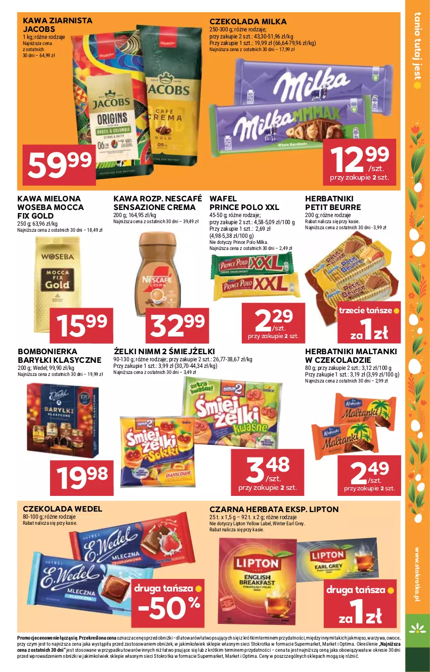 Gazetka promocyjna Stokrotka - Market - ważna 26.03 do 01.04.2026 - strona 23 - produkty: Baryłki, Czekolada, Earl Grey, Herbata, Herbatniki, Herbatniki Petit Beurre, Jacobs, Kawa, Kawa mielona, Kawa ziarnista, Lipton, Mięso, Milka, Mocca Fix Gold, Nescafé, Optima, Owoce, Prince Polo, Warzywa, Woseba