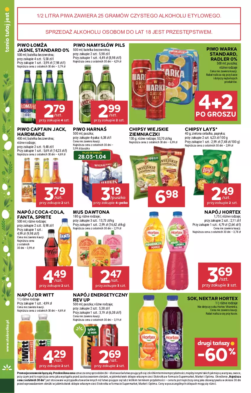 Gazetka promocyjna Stokrotka - Market - ważna 26.03 do 01.04.2026 - strona 36 - produkty: Captain Jack, Chipsy, Coca-Cola, Dawtona, Fa, Fanta, Gra, Harnaś, Hortex, Inka, Lay’s, Mięso, Mus, Namysłów, Napój, Napój energetyczny, Nektar, Optima, Owoce, Papryka, Piwa, Piwo, Radler, Sok, Sprite, Warka, Warzywa