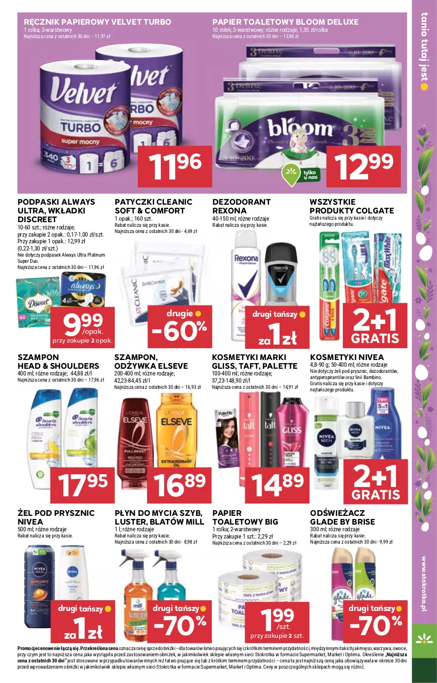 Gazetka promocyjna Stokrotka - Market - ważna 26.03 do 01.04.2026 - strona 39 - produkty: Always, Always Ultra, Antyperspirant, Cleanic, Colgate, Dezodorant, Discreet, Elseve, Gra, LG, Mięso, Nivea, Odżywka, Optima, Owoce, Palette, Papier, Papier toaletowy, Pasek, Płyn do mycia, Podpaski, Ręcznik, Rexona, Szampon, Taft, Velvet, Warzywa, Wkładki