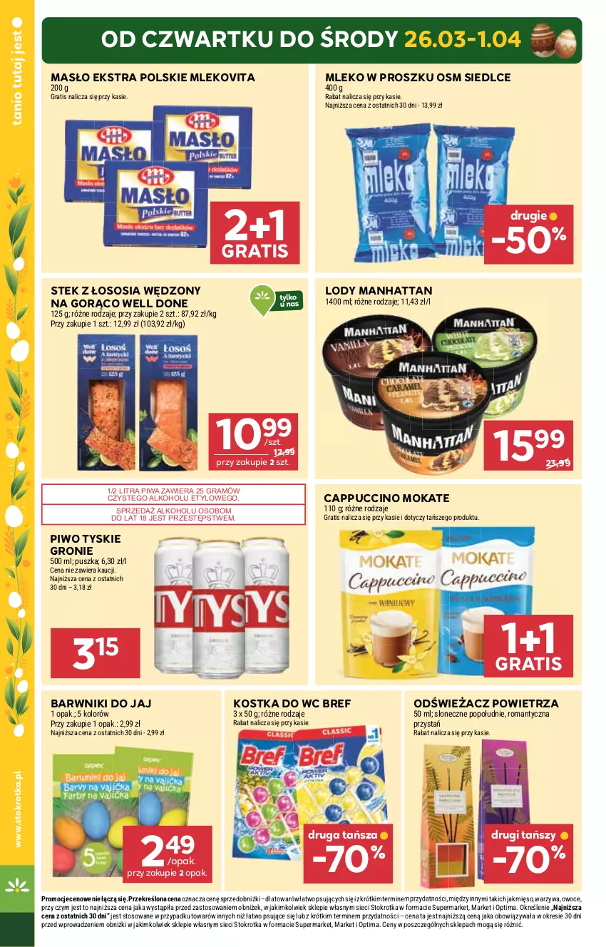 Gazetka promocyjna Stokrotka - Market - ważna 26.03 do 01.04.2026 - strona 4 - produkty: Bref, Cappuccino, Gra, Kostka do wc, Lody, Masło, Mięso, Mleko, Mleko w proszku, Mlekovita, Odświeżacz powietrza, Optima, Owoce, Piwa, Piwo, Sos, Stek, Tyskie, Warzywa