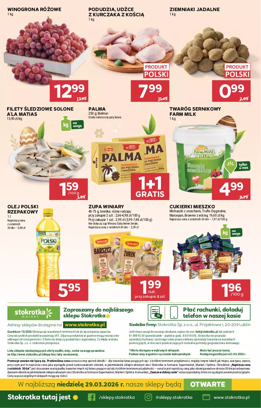 Gazetka promocyjna Stokrotka - Market - ważna 26.03 do 01.04.2026 - strona 45 - produkty: Brownie, Cukier, Cukierki, Dres, Fa, Farm Milk, Gin, Gra, JBL, Kurczak, Mięso, O nas, Olej, Optima, Owoce, Palma, Ser, Telefon, Torebka, Twaróg, Wagi, Warzywa, Winiary, Wino, Winogrona, Ziemniaki, Zupa