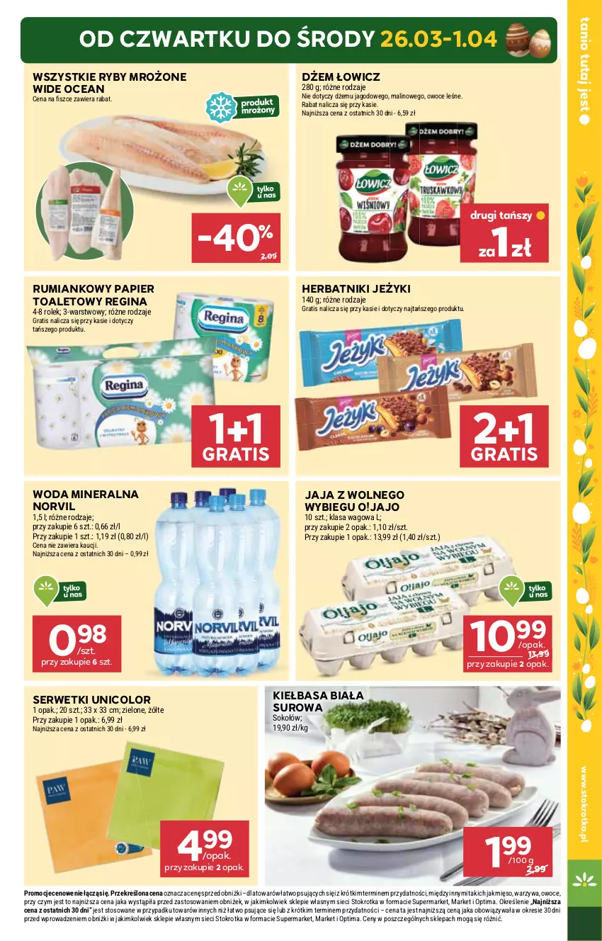 Gazetka promocyjna Stokrotka - Market - ważna 26.03 do 01.04.2026 - strona 5 - produkty: Dżem, Gin, Gra, Herbatniki, Jaja, Jaja z wolnego wybiegu, Jeżyki, Kiełbasa, Kiełbasa biała, Mięso, Optima, Owoce, Papier, Papier toaletowy, Rum, Ser, Serwetki, Sok, Sokołów, Warzywa, Woda, Woda mineralna