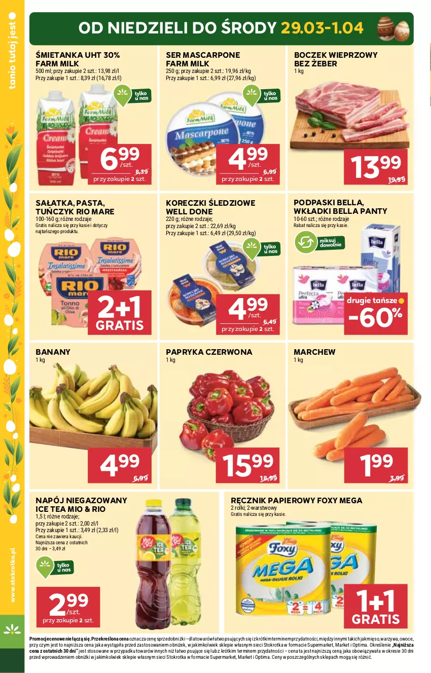 Gazetka promocyjna Stokrotka - Market - ważna 26.03 do 01.04.2026 - strona 6 - produkty: Banany, Bell, Bella, Boczek, Boczek wieprzowy, Fa, Farm Milk, Foxy, Gra, Ice tea, Koreczki śledziowe, Mascarpone, Mięso, Napój, Napój niegazowany, Optima, Owoce, Papier, Papryka, Papryka czerwona, Podpaski, Ręcznik, Rio Mare, Rolki, Sałat, Sałatka, Ser, Tuńczyk, Warzywa, Wkładki