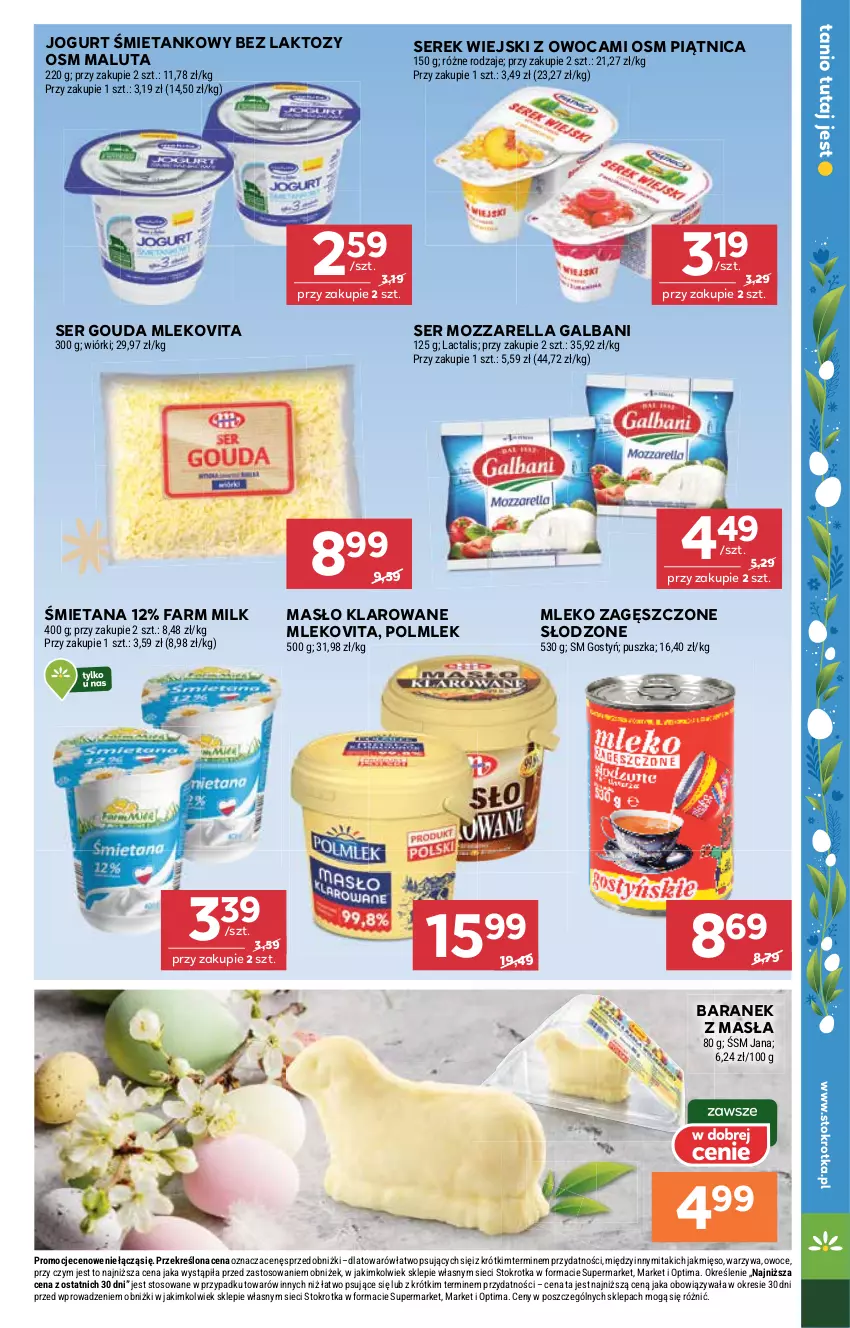 Gazetka promocyjna Stokrotka - Market - ważna 26.03 do 01.04.2026 - strona 9 - produkty: Fa, Farm Milk, Galbani, Gouda, Jogurt, Masło, Masło klarowane, Mięso, Mleko, Mleko zagęszczone, Mlekovita, Mozzarella, Optima, Owoce, Piątnica, POLMLEK, Ser, Serek, Serek wiejski, Warzywa