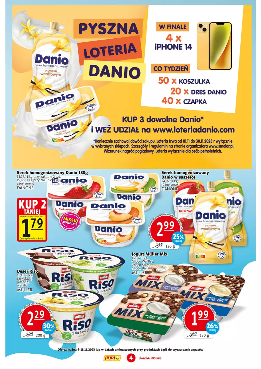 Gazetka promocyjna Prim Market - ważna 09.11 do 15.11.2023 - strona 4 - produkty: Czapka, Danio, Danone, Dres, Jogurt, Kosz, Koszulka, Mola, Ser, Serek, Serek homogenizowany