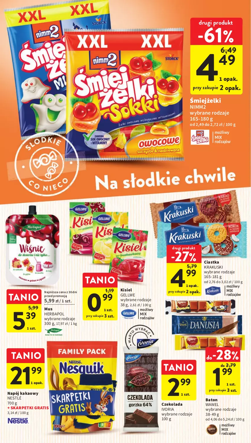 Gazetka promocyjna Intermarche - Gazetka Intermarche - ważna 20.04 do 26.04.2023 - strona 24 - produkty: Baton, Ciastka, Czekolada, Gra, Herbapol, Kakao, Karp, Kisiel, Krakus, Krakuski, Mus, Napój, Nestlé, Nimm2, Skarpetki, Wawel