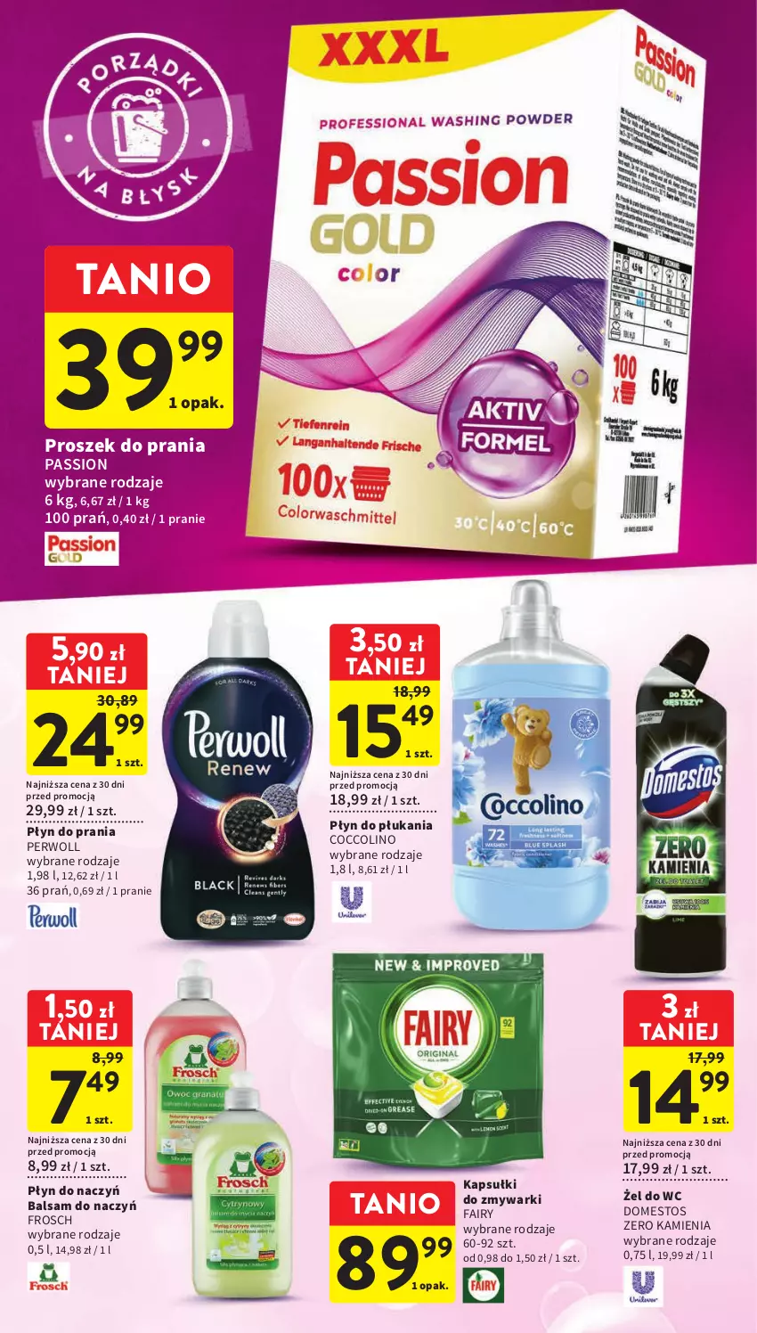 Gazetka promocyjna Intermarche - Gazetka Intermarche - ważna 20.04 do 26.04.2023 - strona 30 - produkty: Coccolino, Domestos, Fa, Fairy, Frosch, Perwoll, Płyn do płukania, Płyn do prania, Proszek do prania, Zmywarki