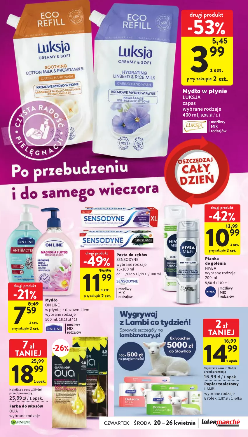 Gazetka promocyjna Intermarche - Gazetka Intermarche - ważna 20.04 do 26.04.2023 - strona 31 - produkty: Dozownik, Fa, Farba do włosów, Luksja, Mydło, Mydło w płynie, Nivea, Papier, Papier toaletowy, Pasta do zębów, Pianka do golenia, Sensodyne