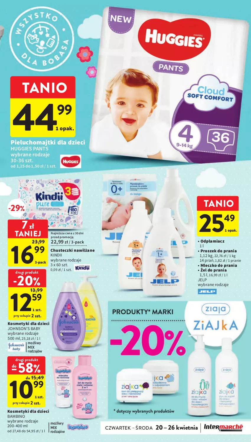 Gazetka promocyjna Intermarche - Gazetka Intermarche - ważna 20.04 do 26.04.2023 - strona 33 - produkty: Chusteczki, Dzieci, Huggies, Kindii, Kosmetyki dla dzieci, Majtki, Mleczko, Mleczko do prania, Odplamiacz, Pieluchomajtki, Proszek do prania