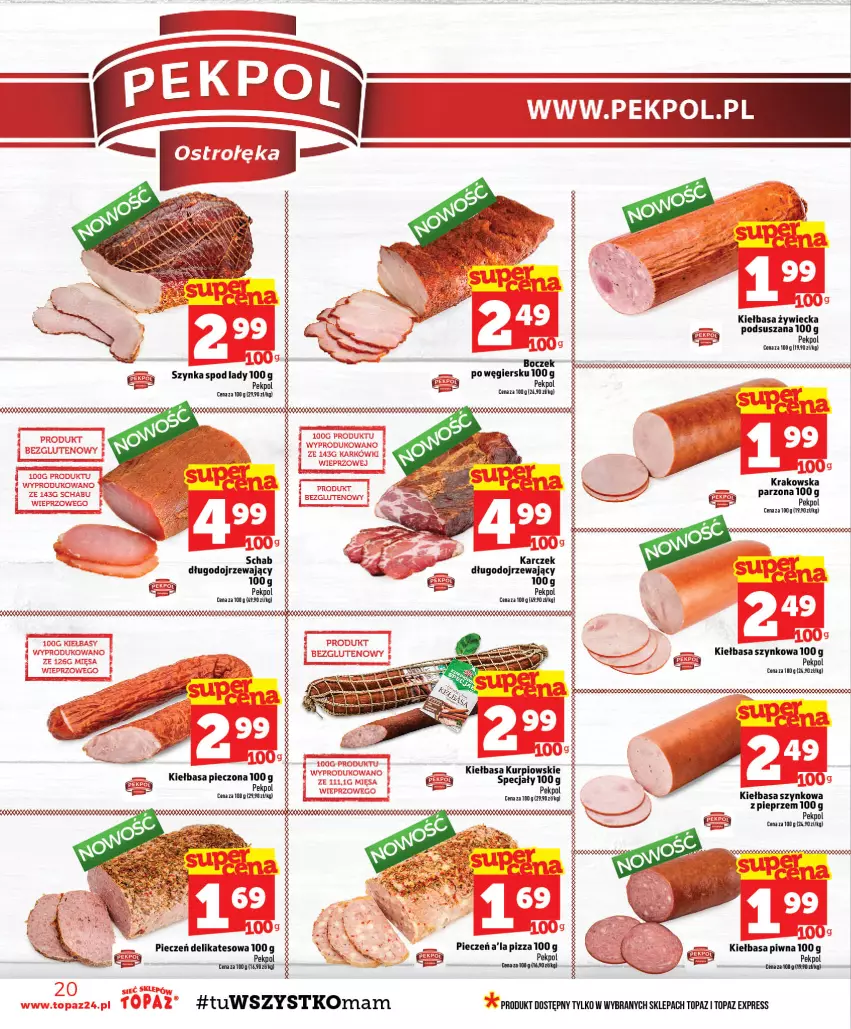 Gazetka promocyjna Topaz - Gazetka - ważna 29.10 do 04.11.2026 - strona 20 - produkty: Boczek, Kiełbasa, Kiełbasa piwna, Kiełbasa szynkowa, Pekpol, Piec, Pieprz, Pizza, Szynka, Top