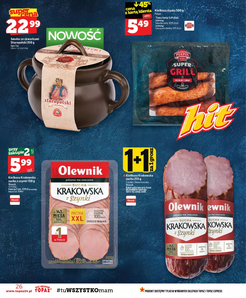 Gazetka promocyjna Topaz - Gazetka - ważna 29.10 do 04.11.2026 - strona 26 - produkty: Kiełbasa, Kiełbasa krakowska, Olewnik, Smalec, Top, Warka