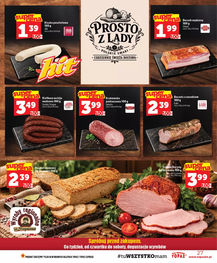 Gazetka promocyjna Topaz - Gazetka - ważna 29.10 do 04.11.2026 - strona 27 - produkty: Boczek, Kiełbasa, Pasztet, Top