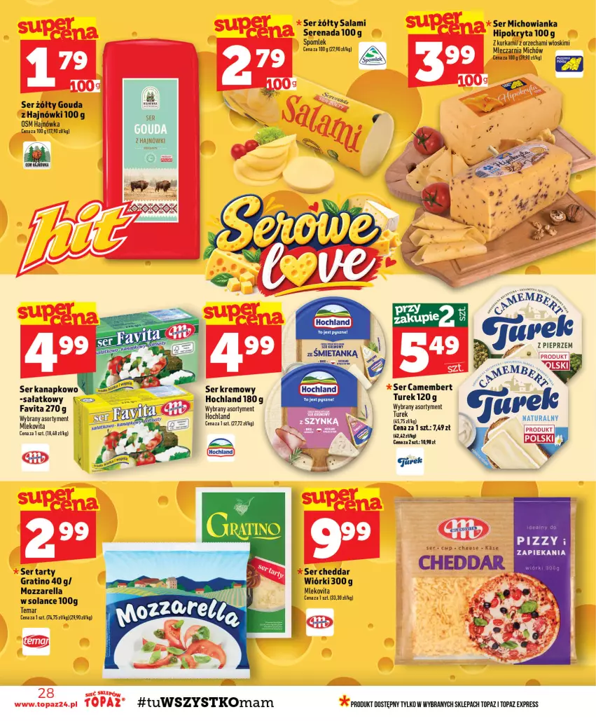 Gazetka promocyjna Topaz - Gazetka - ważna 29.10 do 04.11.2026 - strona 28 - produkty: Camembert, Cheddar, Fa, Favita, Gouda, Gra, Hochland, Mleko, Mlekovita, Mozzarella, Pieprz, Salami, Sałat, Ser, Solan, Top, Vita C