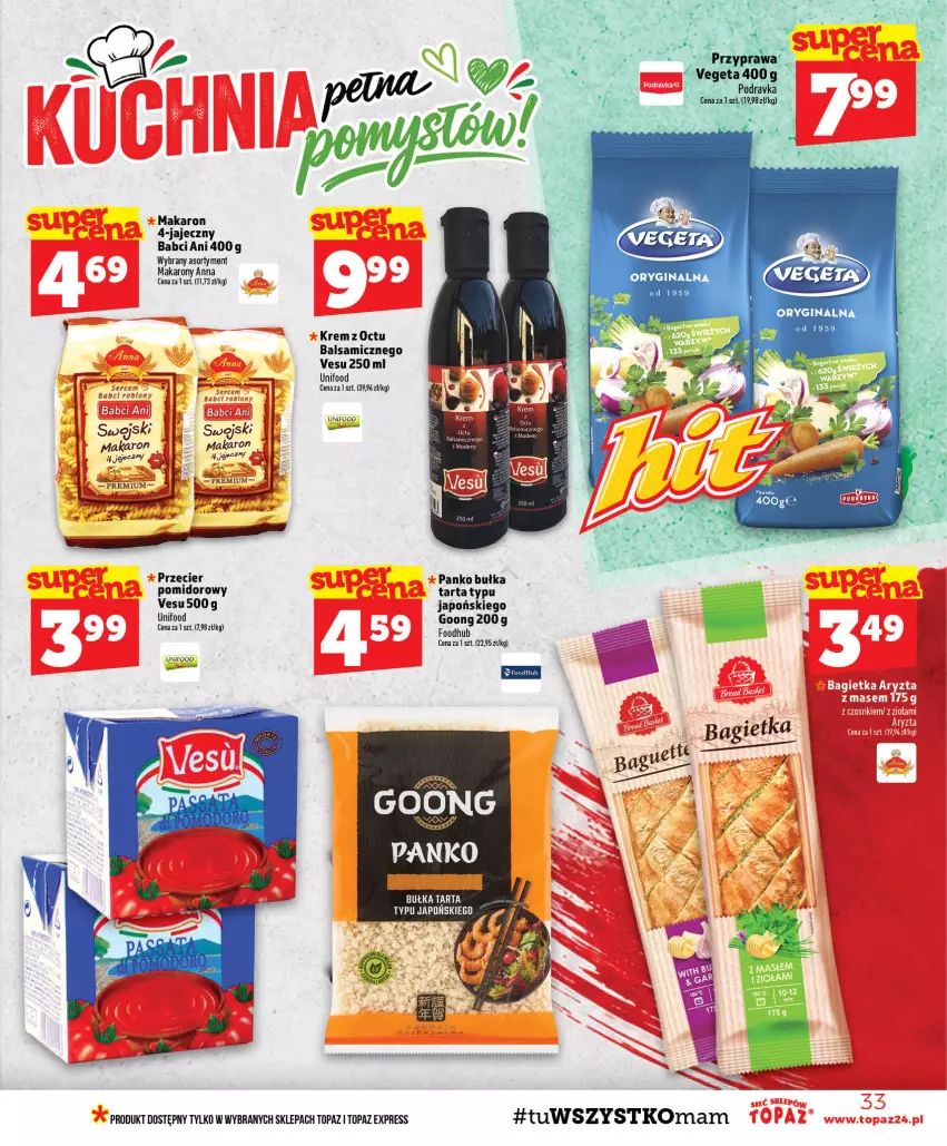 Gazetka promocyjna Topaz - Gazetka - ważna 29.10 do 04.11.2026 - strona 33 - produkty: Bagietka, Bułka, Bułka tarta, Gin, LG, Makaron, Tarta, Top, Vegeta